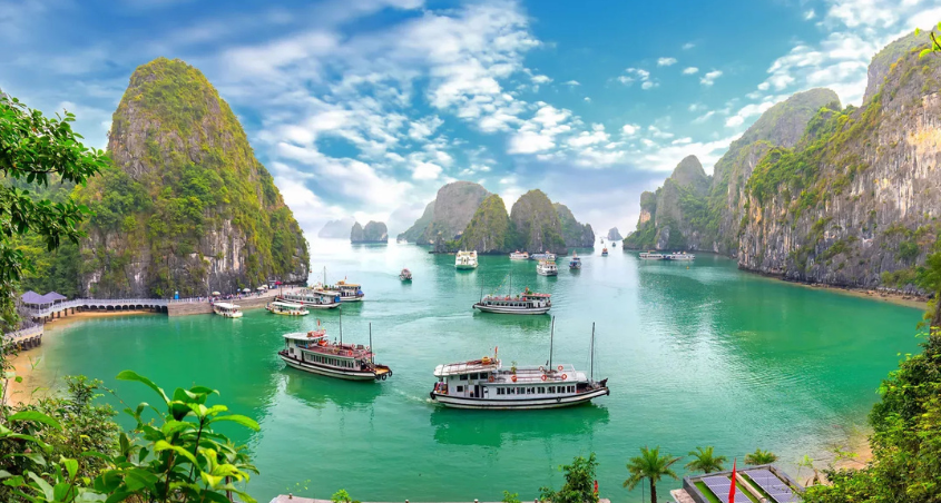Halong Bay limestone karsts at sunset
